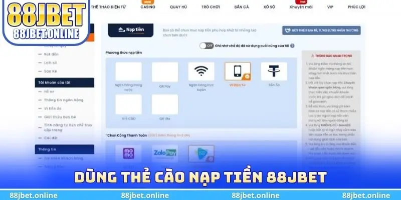Dùng thẻ cào nạp tiền 88jbet